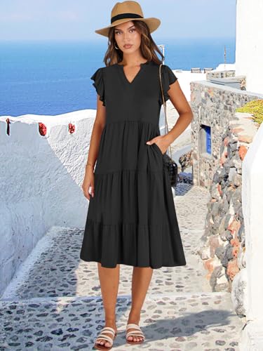 ANRABESS Womens Summer Dress Ruffle Sleeve V Neck Midi Dresses - color: Black, size: X-Large