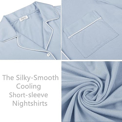 Cherrydew Women's Bamboo Viscose Cooling Long Sleeve Button Front Nightgown - color: Dusty Blue, size: Large