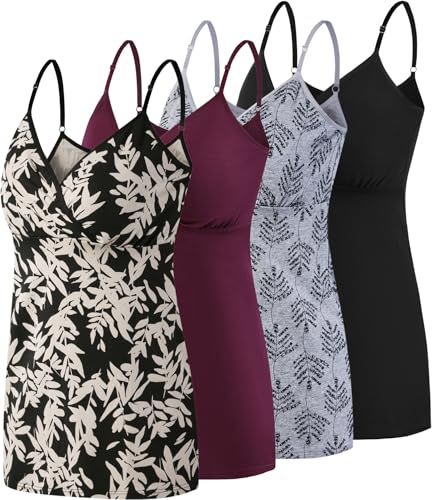 SUIEK 4 Pack Nursing Tank Tops Maternity Cami Cotton Breastfeeding Bralette - color: B-black+leaf+grey Print+burgundy 4pack, size: Small