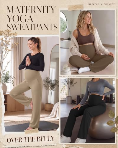 3 Pack Women's Maternity Yoga Pants with Pockets - color: Khaki, Coffee, Black, size: XX-Large