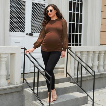 Bhome Mock Neck Maternity Shirt Ribbed Knit Maternity Blouse Mesh Long Sleeve Fitted Pregnant Top - color: Chocolate, size: Medium