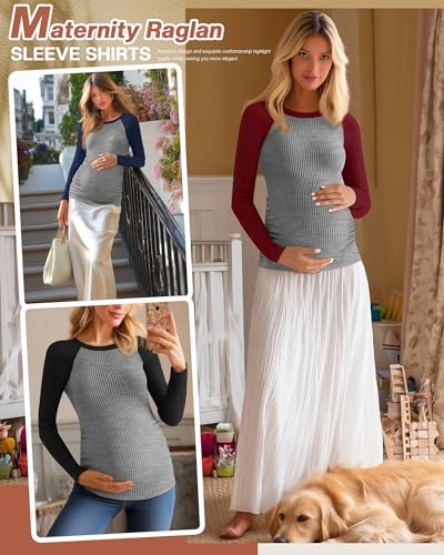 Neer 3 Pack Maternity Long Sleeve Shirts Ribbed Pregnancy Tops - color: Black, Navy Blue, Wine Red, size: Medium