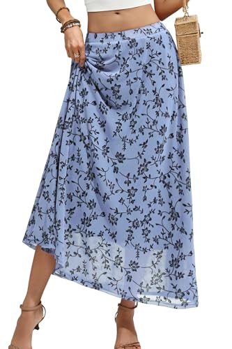 ELLEVEN Women’s Boho Floral Mesh Maxi Skirt - color: Dusty Blue, size: Small