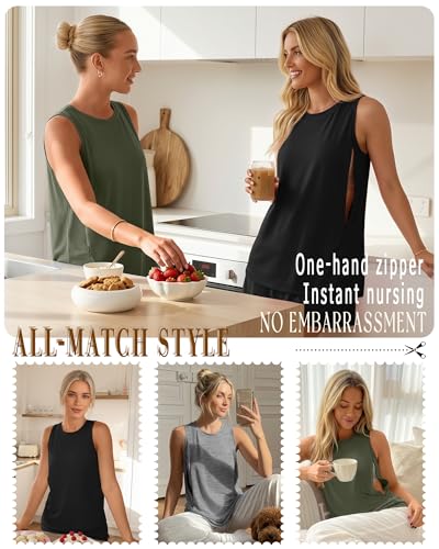 3 Pack Women's Nursing Tank Tops - color: Army Green, Gray, Black, size: Large