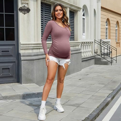 GINKANA Maternity Shirt Long Sleeve Basic Top Ruch Sides Buttons Tshirt for Pregnant - color: Mauve, size: X-Large