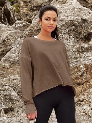 Panadila Womens Open Back Workout Tops Long Sleeve Shirts - color: Coffee Brown, size: Small