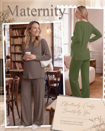 Huukeay 2 Pack Maternity Long Sleeve Pajamas Sets - color: Army Green, Coffee, size: Large
