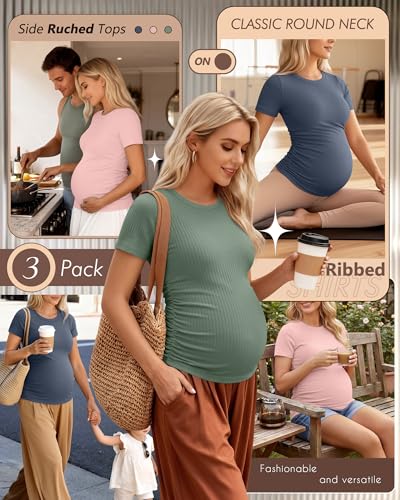 Ficerd 3 Pack Women's Short Sleeve Maternity Shirts - color: Light Green, Light Pink, Haze Blue, size: Small