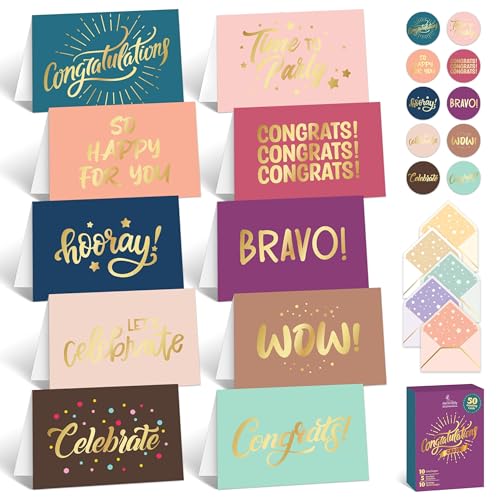 Decorably 50 Pack Gold-Foiled 6x4in Congratulations Cards with Envelopes