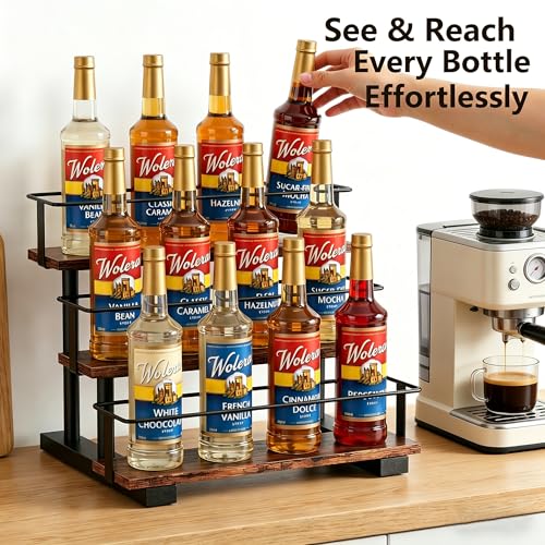 3-Tier Coffee Syrup Rack, Holds 12 Bottles, Rustic Wood & Metal - size: 12-bottle