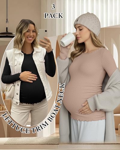 3 Pack Women's Maternity Cotton Shirts Long Sleeve - color: Khaki, White, Black, size: Medium