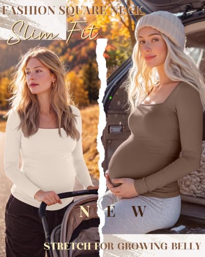 4 Pcs Womens Maternity Long Sleeve Square Neck Shirts - color: Beige, Coffee, Brown, Black, size: X-Large