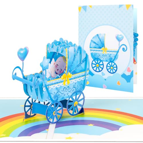 Blue Stroller New Baby Pop Up Cards, Baby Boy Card - style: Blue Rainbow Baby Carriage