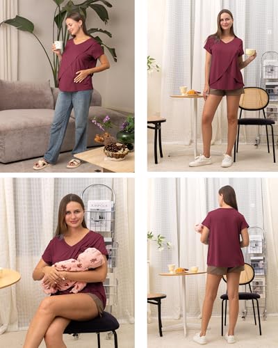 Rnxrbb Summer Nursing Tops Breastfeeding Tshirts Postpartum Clothes Sets - color: Black&purple Red&flecking Grey, size: Small