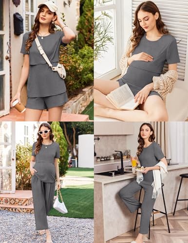 Ekouaer 3 Pack Postpartum Nursing Pajamas Breastfeeding Maternity Clothes - color: Dark Gray, size: Medium