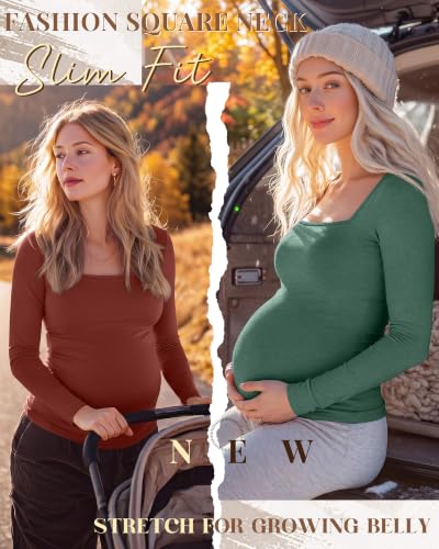 4 Pcs Womens Maternity Long Sleeve Square Neck Shirts - color: Orange, Dark Green, Gray, Black, size: Large