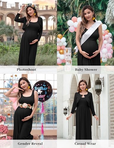2 PCS Maternity Dress with Cardigan Set, Tank Maxi Pregnancy Dresses - color: Black, size: Large
