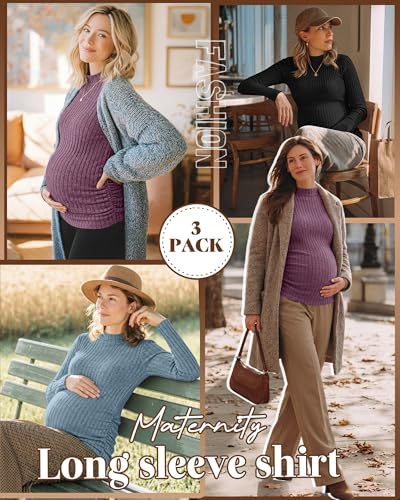 Neer 3 Pack Women's Maternity Mock Turtleneck Long Sleeve Tops - color: Fuchsia, Blue, Black, size: Large