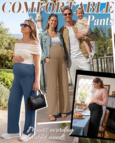 Neer 3 Pack Women's Maternity Lounge Wide Leg Pants - color: Haze Blue, Light Coffee, Black, size: Medium