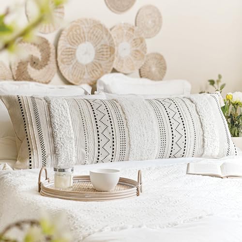 BlissBlush 20X54 Oversized Large Lumbar Pillow Cover for Bed, Rectangular Long Decorative Throw Pillowcase, Cotton Boho Accent Cushion with Black Tufted Pattern and Tassels, Cream Neutral (Cover Only) - color: Black, size: 54" x 20" (Pack of 1)