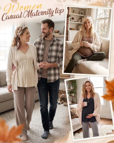 Cutecrop 3 Pack Maternity Long Sleeve V Neck Shirt - color: Black, Khaki, Apricot, size: Medium