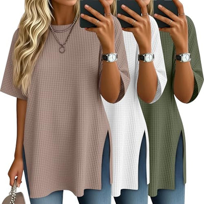 3 Pack Womens Oversized Waffle Knit Tops - color: Army Green, White, Khaki, size: Medium