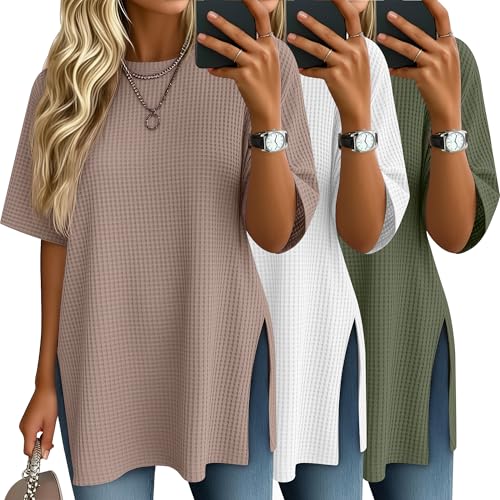 3 Pack Womens Oversized Waffle Knit Tops - color: Army Green, White, Khaki, size: Small