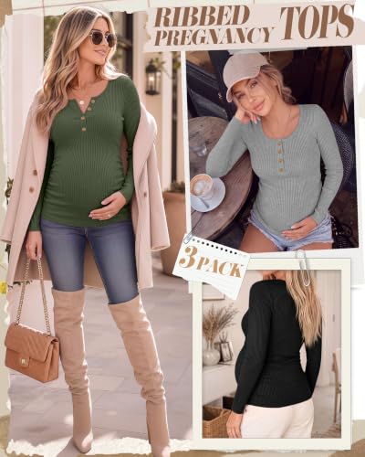 Huukeay 3 Pack Womens Maternity Long Sleeve Shirts - color: Army Green, Light Heather Gray, Black, size: XX-Large