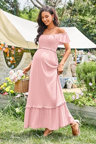 OUGES Women's Ruffle Sleeve Summer Baby Shower Maternity Photoshoot Dress - color: Pink, size: Large