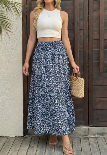 GRECERELLE Women's Maxi Skirt High Waist Tiered A-Line with Pockets - color: Blue White Flower, size: Medium