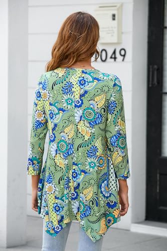 ENMAIN Women's Tops Plus Size Tunic Tops 3/4 Sleeve Flare Hem Paisley Print Loose Fit Casual Blouse to Wear with Leggings - color: A1-green & Floral, size: XX-Large