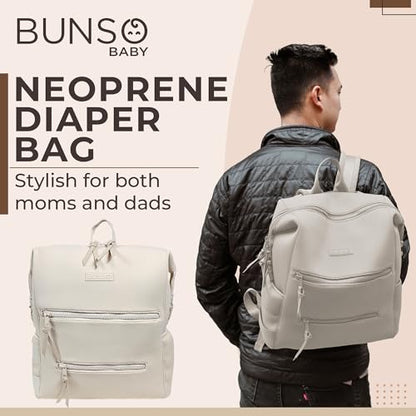 BUNSO Baby Neoprene Minimalist Backpack Diaper Bag with Pouch, Changing Pad, and Stroller Straps, Water Resistant and Lightweight, Cream - color: Cream