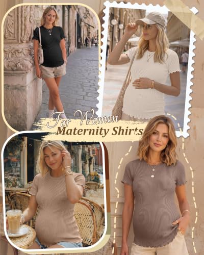 Riyiper 4 Pack Maternity Ribbed Knit Shirts for - color: Cream, Khaki, Light Brown, Black, size: Medium