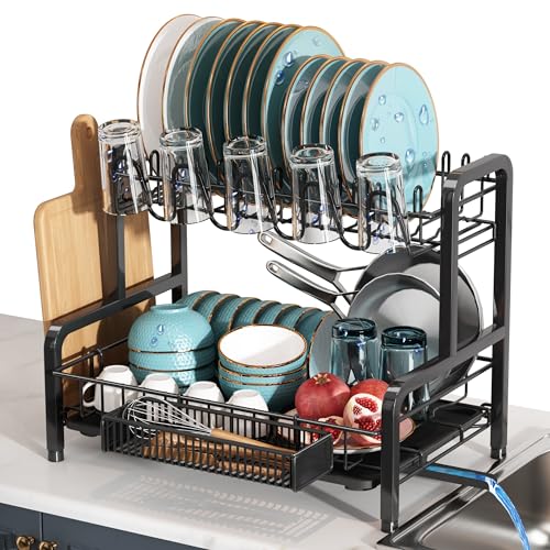 BOOSINY 2 Tier Black Stainless Steel Dish Drying Rack for Kitchen Counter - color: Black, size: 12.4" D x 17.1" W x 14.2" H