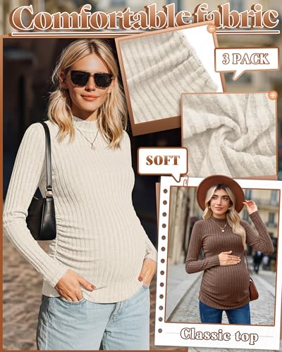 Neer 3 Pack Women's Maternity Mock Turtleneck Long Sleeve Tops - color: Apricot, Coffee, Brown, size: Small
