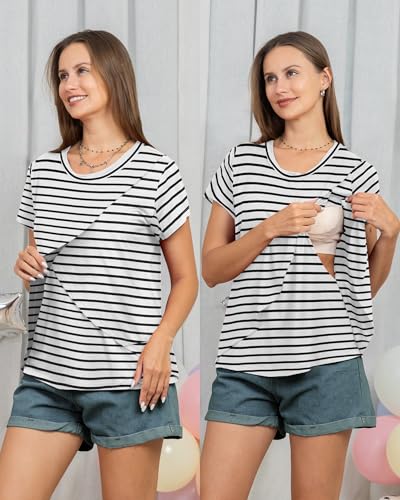 Rnxrbb 3 Pack Nursing Tops for Women Maternity Breastfeeding Shirts - color: Purple&light Blue&navy Stripe, size: XX-Large