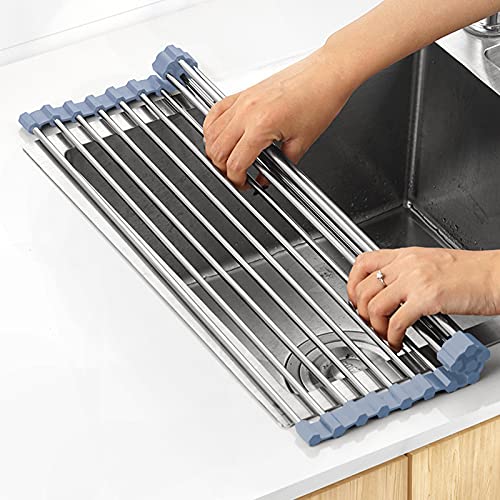 MECHEER Over The Sink Dish Drying Rack, Stainless Steel Roll Up Dish Drying Rack Kitchen Dish Rack Sink Drying Rack, Foldable Dish Drainer, 17.5''x13.7'' - size: 17.5''x13.7''