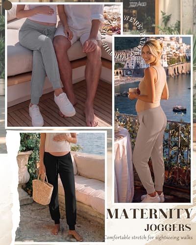 3 Pack Women Maternity Pants Pregnancy Lounge Jogger - color: Black, Light Gray, Khaki, size: Medium
