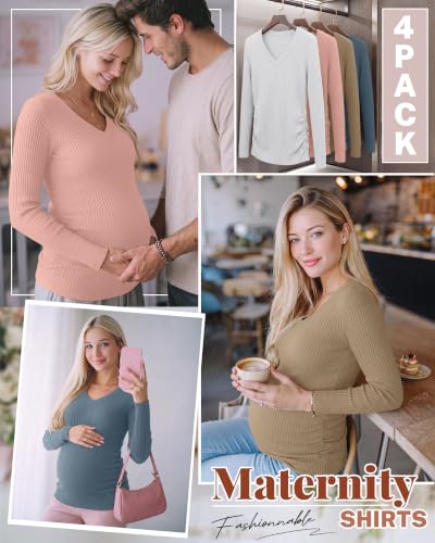4 Pack Women's Maternity Shirts - color: White, Light Pink, Khaki, Haze Blue, size: Large