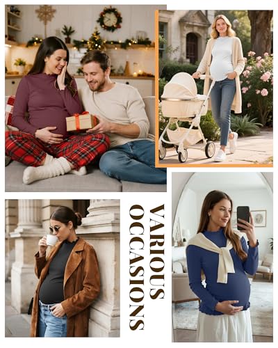 4 Pack Women Maternity Side Ruched Long Sleeve Shirts - color: Wine Red, Navy Blue, White, Black, size: Large