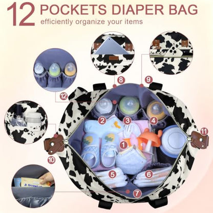 Pritent Diaper Bag Tote Waterproof Maternity Baby Bags with Pacifier Case - color: Cowprint, size: Large
