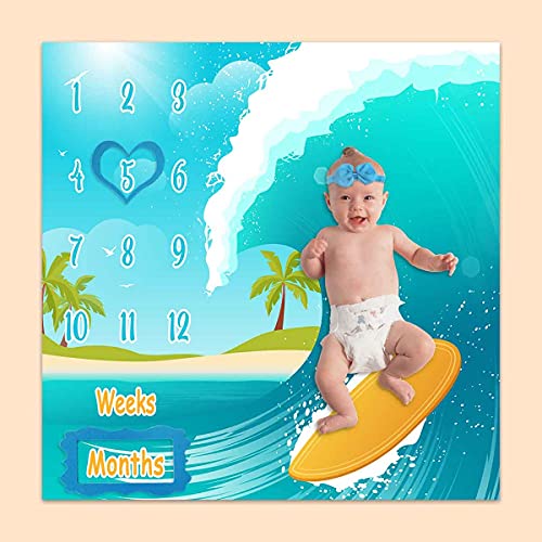 Baby Monthly Milestone Blanket, Sea Surfboard Waves, Newborns 1 to 12 Months Unisex Include 4 Frames and 1 Headband 47"x47"BTLSPH495