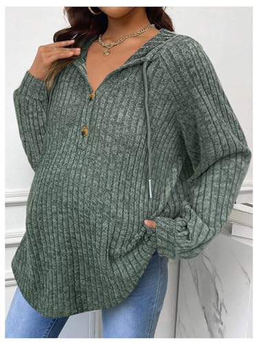 BEAUDRM Women's Maternity Half Button Sweatshirts Long Sleeve Ribbed Knit Pregnancy Shirt Spring Clothes - color: Olive Green, size: Small