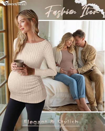 3 Pack Maternity Sweaters Long Sleeve Pregnancy Tops - color: Apricot, Khaki, Dark Brown, size: Medium