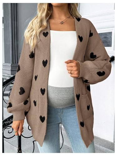 MakeMeChic Women's Maternity Heart Sweater Cardigan Fall Winter Clothes - color: Brown, size: Large