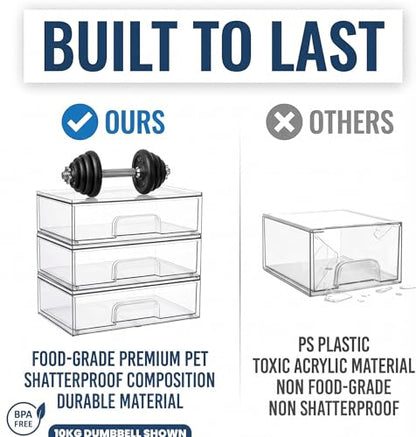 6-Pack Stackable Storage Drawers with Labels - Clear PET Pull-Out Organizer Bins for Pantry, Bathroom, Vanity, Cabinet, Countertop | Baby Bottle Organizer