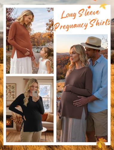 3 Pack Women Maternity Shirts Long Sleeve Pregnancy Tops with Thumb Hole - color: Black/Brown/Caramel, size: Small