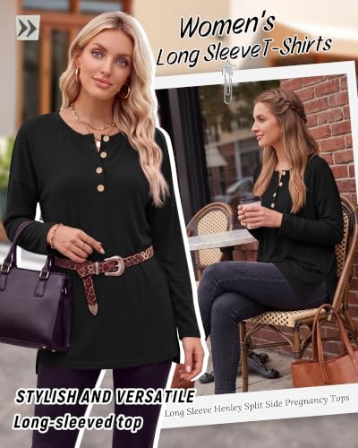 Ficerd Women Maternity Shirt Pregnant Long Sleeve Henley Top - color: Black, size: Large