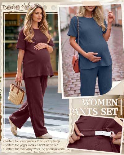 Ficerd 4 Pcs 100% Cotton Muslin Maternity Pajamas Lounge Sets - color: Blue, Wine Red, size: Medium