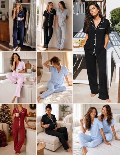 Womens Pajamas Sets 2 Piece Button Up Pj Sets Short Sleeve with Long Pant - color: Yellow, size: Medium